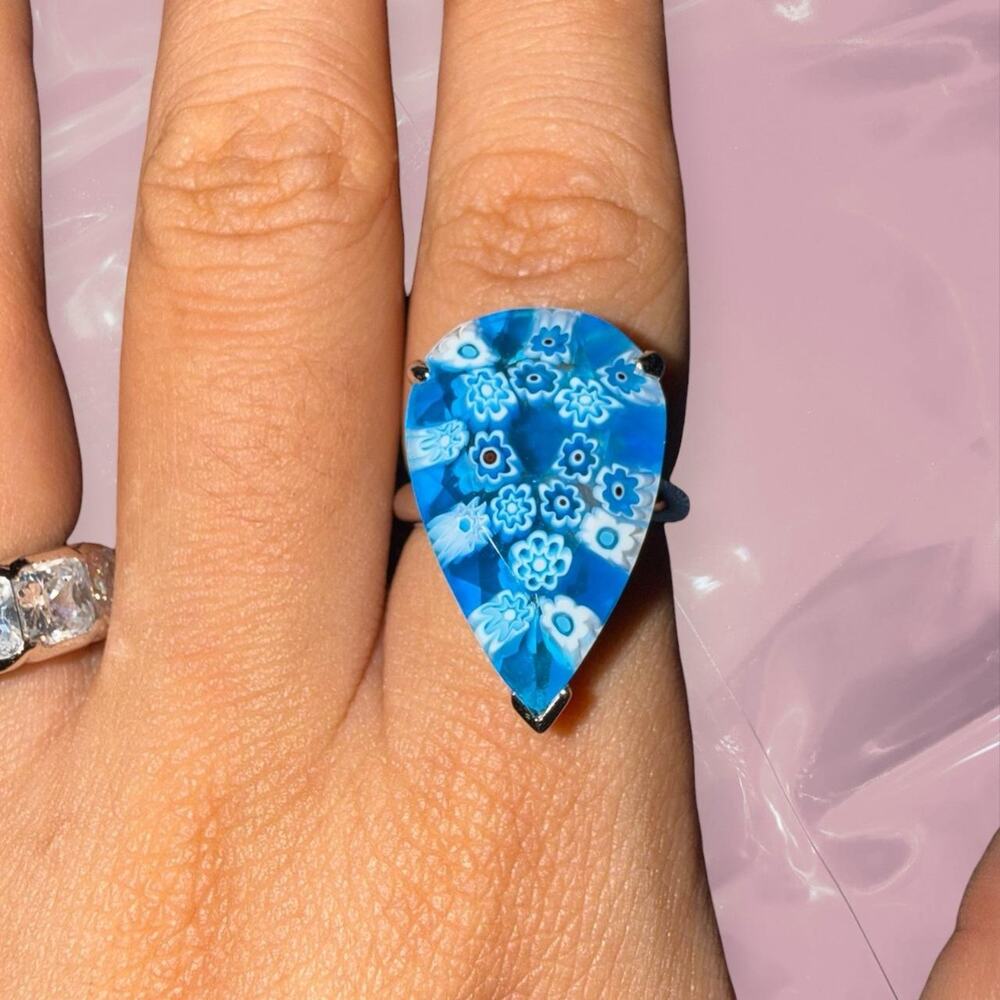 Y2K whimsy 925 Sterling Silver white and blue floral Italian Murano glass ring